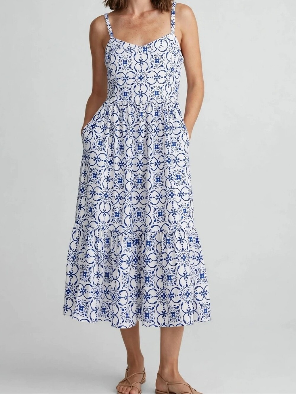J.CREW Tile Print Midi Sundress Size 10 Blue White Cotton Smocked Tiered Pockets - Picture 1 of 16